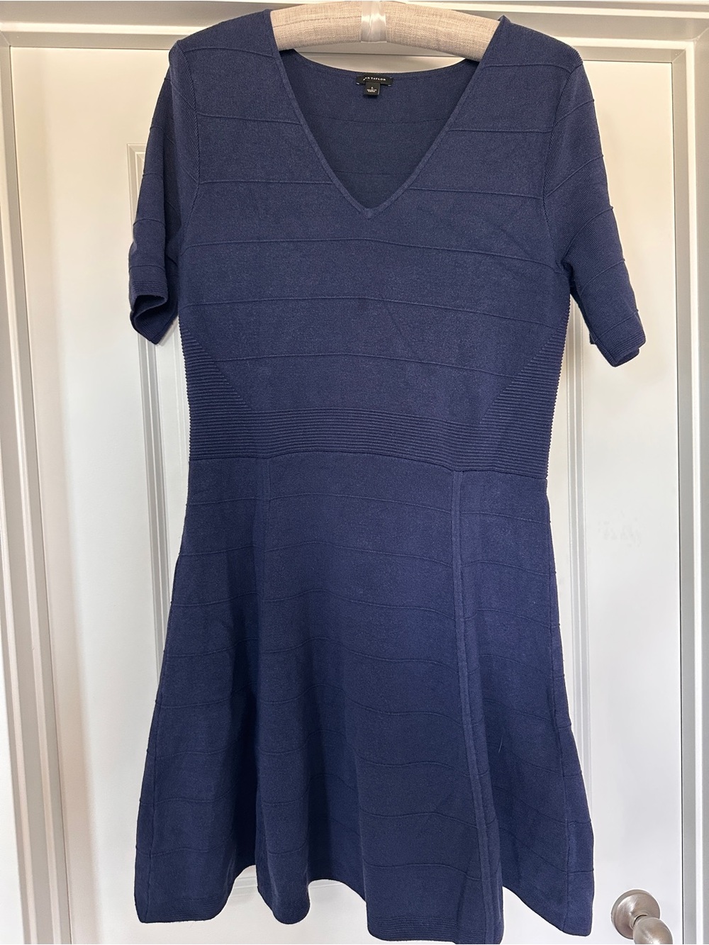 Ann Taylor Navy V-Neck Fit-and-Flare Knit Dress